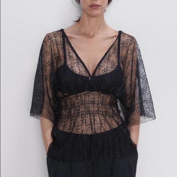 Zara Tops - Zara Woman Black Sheer Lace V-Neck Blouse Top Size S